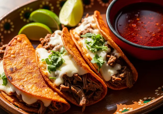 Birria tacos topped with herbs and served with dipping broth